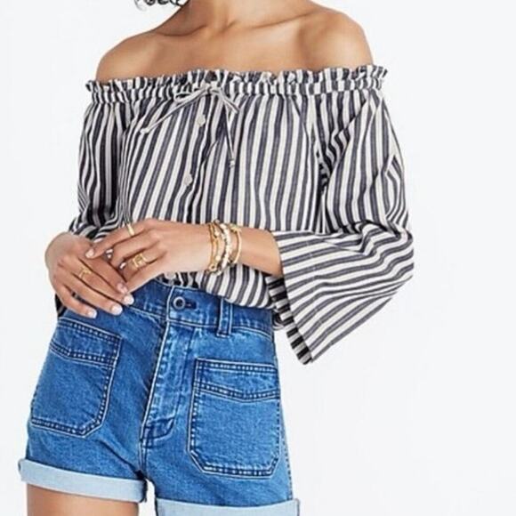 Madewell Tops - Madewell Shimmer Stripes Off The Shoulder Top Blouse Navy Blue White Size Small